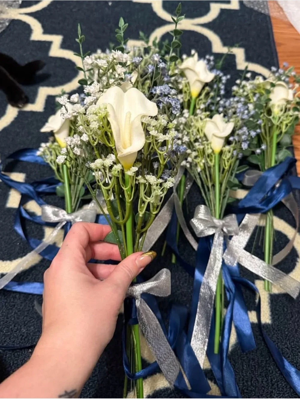 Elegant White Calla Lily Bouquet with Navy Ribbon - Home Accents